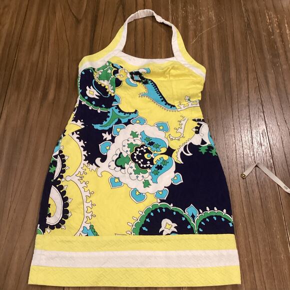 Muse yellow blue halter retro Floral Tropical Halter waffle cotton Dress Size 6 - Picture 1 of 10